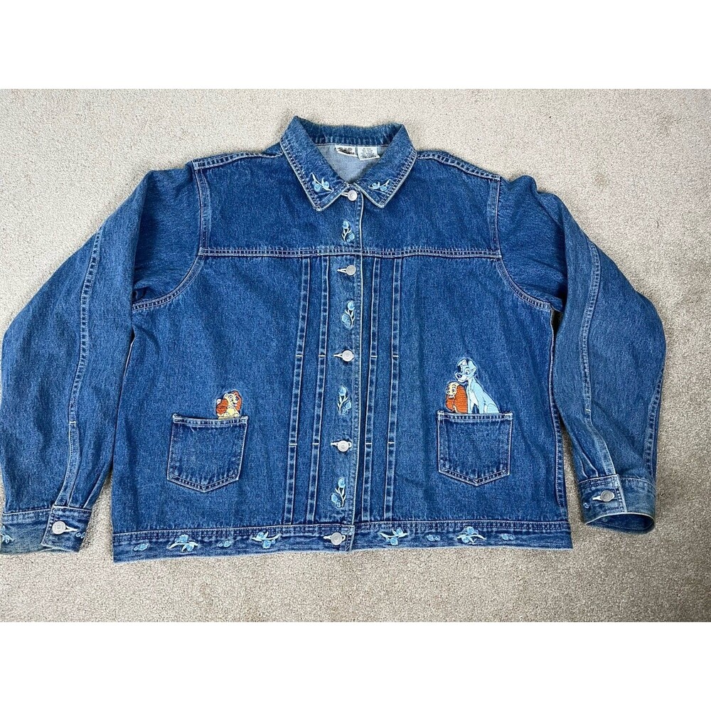 VTG 90s Women's‎ XXL Disney Lady And Tramp Denim Jacket Embroidered Blue READ